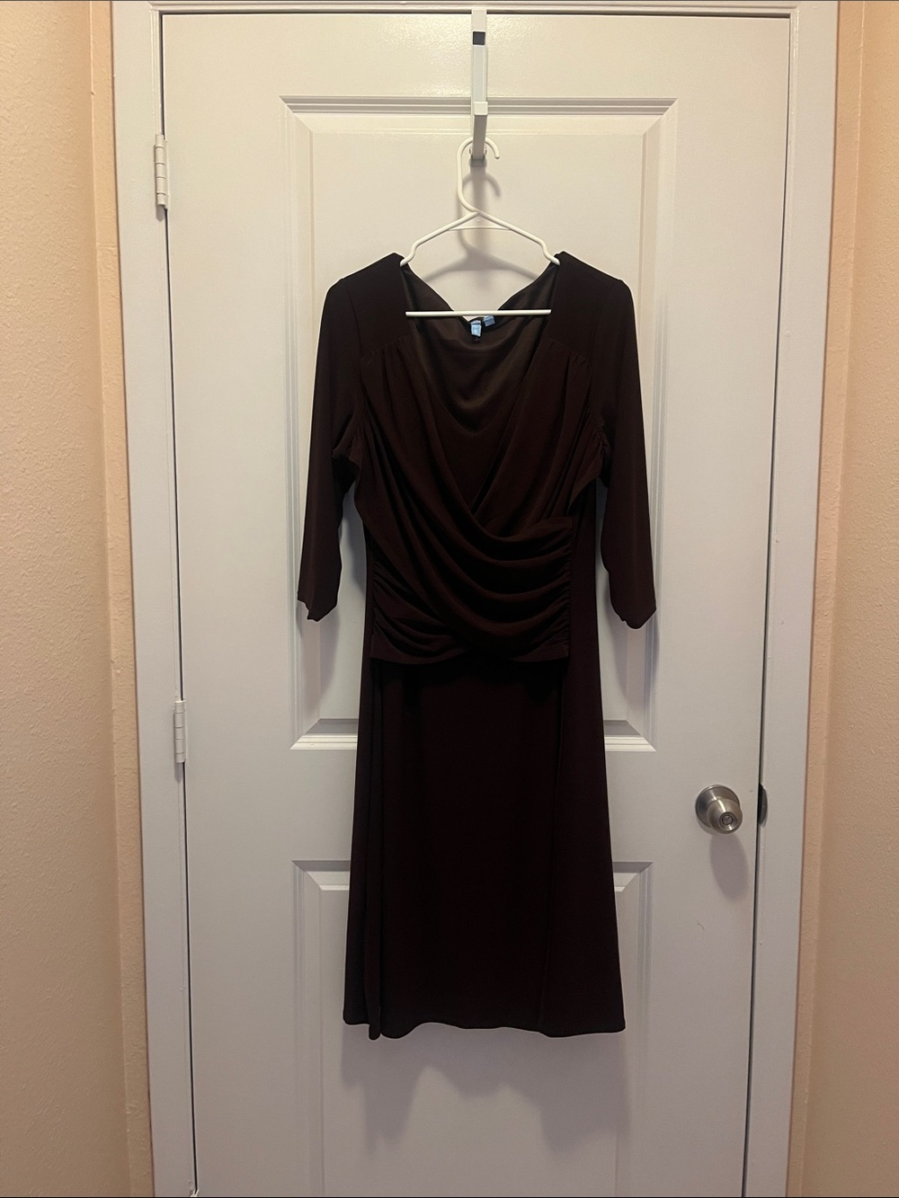 (NWT) Elegant Long-Sleeve Draped Midi Dress in Deep Brown